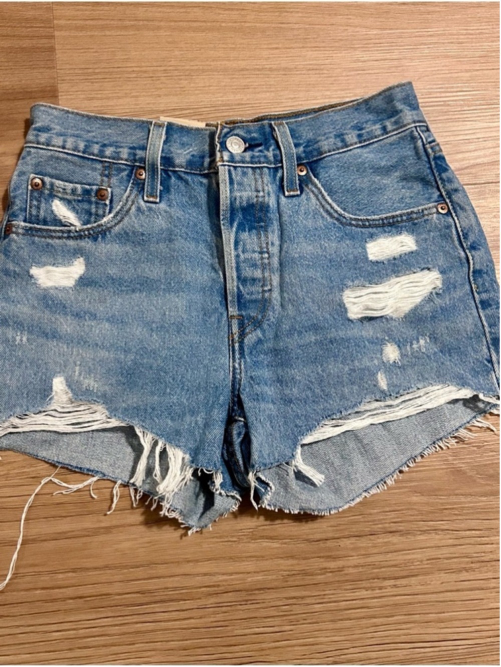 Levi's Distressed Light Blue Denim Jean Shorts - Picture 2 of 4